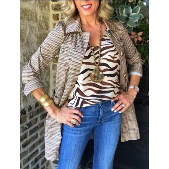 CAbi Jacket Small Red Sherlock Houndstooth Plaid Button Front Chore Coat Pockets - Picture 1 of 13